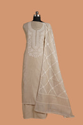Brown Chanderi Suit Set with Aari Dori Embroidered neck and White Border Lace