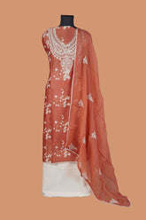 Red Chanderi Suit Set with Aari Dori Embroidered neck and White Border Lace