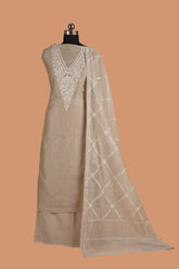Brown Chanderi Suit Set with Aari Dori Embroidered neck and White Border Lace