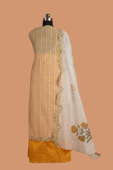 Yellow Chanderi Suit Set with Vertical Strips and embroidered Bottom Line