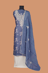 Blue Chanderi Suit Set with Aari Dori Embroidered neck and White Border Lace