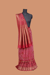 Dola silk maroon bandhani saree with golden zari banarasi pallu and patola daaman
