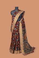 Maroon Hand-Painted Semi-Silk Kalamkari Saree with Golden Mangalagiri Border