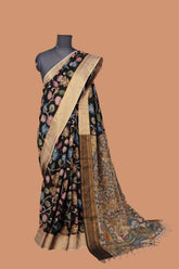 Black Hand-Painted Semi-Silk Kalamkari Saree with Golden Mangalagiri Border