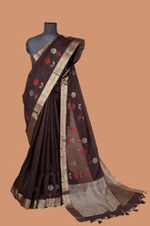 Handloom Chanderi chocolate colored saree with golden side borders