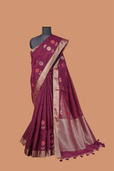 Handloom Chanderi wine colored saree with golden side borders