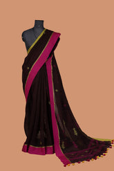 Dark Brown Linen Jamdani Woven Saree
