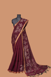 Wine linen saree with golden zari