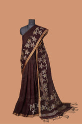Deep Maroon Linen Saree with Golden Zari