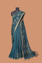 Peacock Blue Linen Saree with Golden Zari