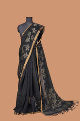 Ocean blue linen saree with golden zari