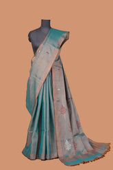 Peacock Blue Tissue Saree with Woven Floral Print
