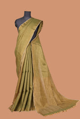 Olive Green Tissue Saree with Golden Zari Patta