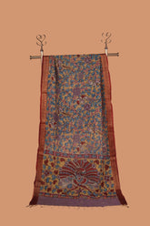 Classic Kalamkari Paanvel with birds and Peacock Hand Printed Mangalagiri Cotton Silk Dupatta with Golden Zari Border