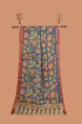 Classic Kalamkari Floral Hand Printed Mangalagiri Silk Cotton Dupatta with Golden Zari Border