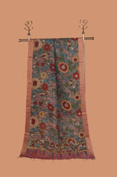 Classic Kalamkari Floral Hand Printed Mangalagiri Silk Cotton Dupatta with Golden Zari Border