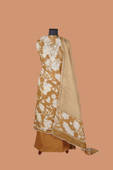 Haldi Yellow Linen Suit Set with Aari Dori Embroidered neck and White Border Lace