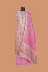 Pink Linen Suit Set with Aari Dori Embroidered neck and White Border Lace