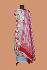 Air Force Blue Linen Suit Set with Aari Dori Embroidered neck and White Border Lace