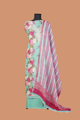 Teal Linen Suit Set with aari dori embrodered neck and white border lace
