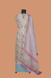 Light Steel Blue Linen Suit Set with Aari Dori Embroidered neck and White Border Lace