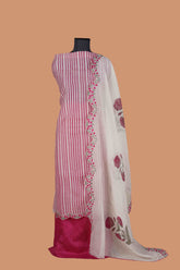 Pink Chanderi Suit Set with Vertical Strips and Embroidered Bottom Line