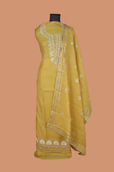 Yellow Mal Chanderi Suit Set with Zari Embroidered neck and Buttas all over Suit and Zari Bordered Bottom Line