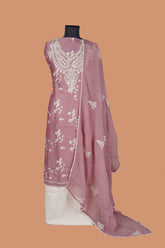 Rose Chanderi Suit Set with Aari Dori Embroidered neck and White Border Lace