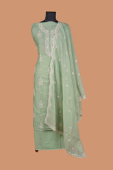 Pista Mal Chanderi Suit Set with Lucknowi Embroidered neck and Buttas all over Suit