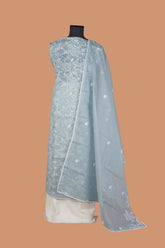 Blue Kota Suit Set with Floral Vel Embroidery all over Suit and White Border Lace