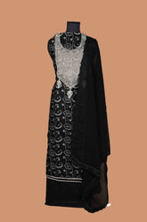 Black Maheshwari Suit Set with Aari Dori Embroidered neck and White Border Lace