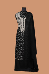 Black Maheshwari Suit Set with Aari Dori Embroidered neck and White Border Lace