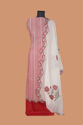 Red Chanderi Suit Set with Vertical Strips and Embroidered Bottom Line