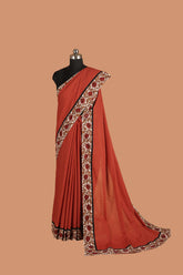 Rust Orange Hand-Painted Pure Mal Cotton Saree with Kalamkari Border