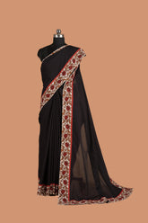 Black Hand-Painted Pure Mal Cotton Saree with Kalamkari Border