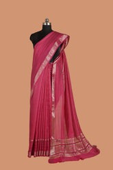Rani Pink Semi Silk Saree with Golden Zari Checks and Border, Kantha Work on Pallu and Daaman