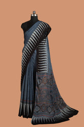 Blue Block Printed Ajrakh Modal Silk Saree