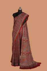 Red Block Printed Ajrakh Modal Silk Saree