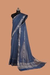 Blue Semi Silk Saree with Golden Zari Checks and Border, Kantha Work on Pallu and Daaman