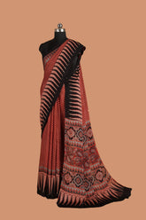 Red Block Printed Ajrakh Modal Silk Saree