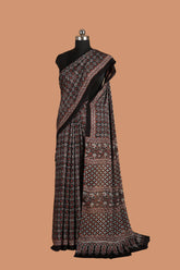 Black Block Printed Ajrakh Modal Silk Saree