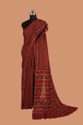Red Block Printed Ajrakh Modal Cotton Saree