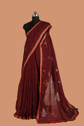 Jamdani Woven Maroon Linen Saree