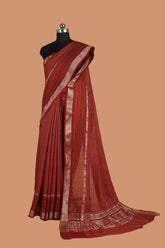 Red Semi Silk Saree with Golden Zari Checks and Border, Kantha Work on Pallu and Daaman