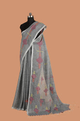 Jamdani Woven Grey Linen Saree