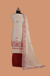 White Maheshwari Cotton with Red Jamdani Woven Suit Set