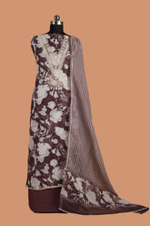 Chocolate Brown Linen Suit Set with Aari Dori Embroidered neck and White Border Lace