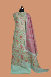 Teal Linen Suit Set with Aari Dori Embroidered neck and White Border Lace