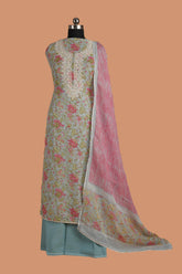 Light Steel Blue Linen Suit Set with Aari Dori Embroidered neck and White Border Lace