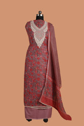 Turkish Rose Linen Suit Set with Aari Dori Embroidered neck and White Border Lace